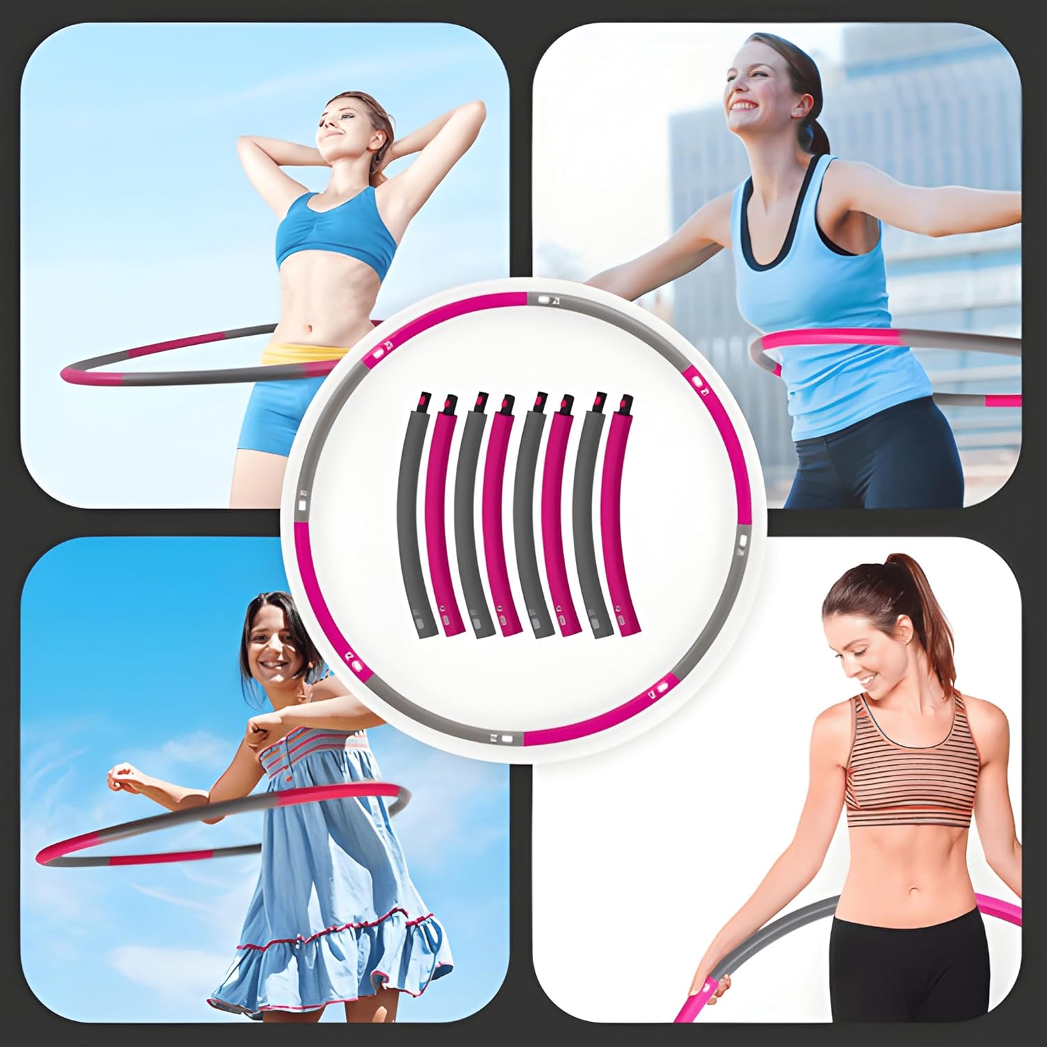 Current Slot 6 — 4 different women hooping outdoors with center inset of disassembled hoop