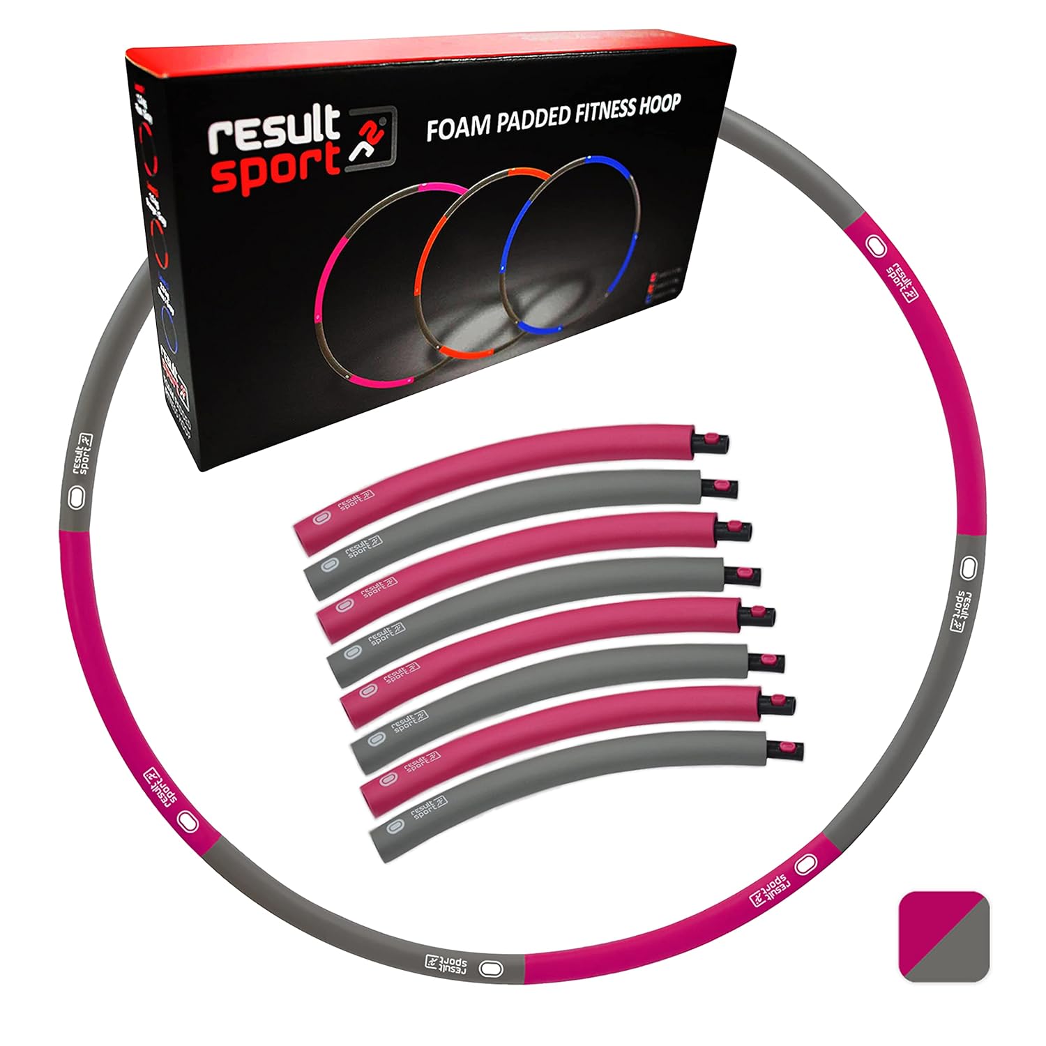 Current Slot 7 — branded packaging box + assembled hoop + disassembled sections + colour swatch